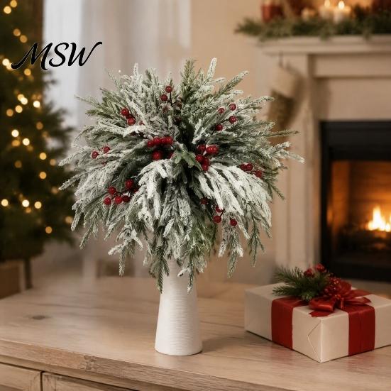 Artificial Plants for Home Decor 20Pcs Christmas Norfolk Pine Picks, Flocked Snow Branches with Everlasting Flower Festivals Red Berries, Greenery