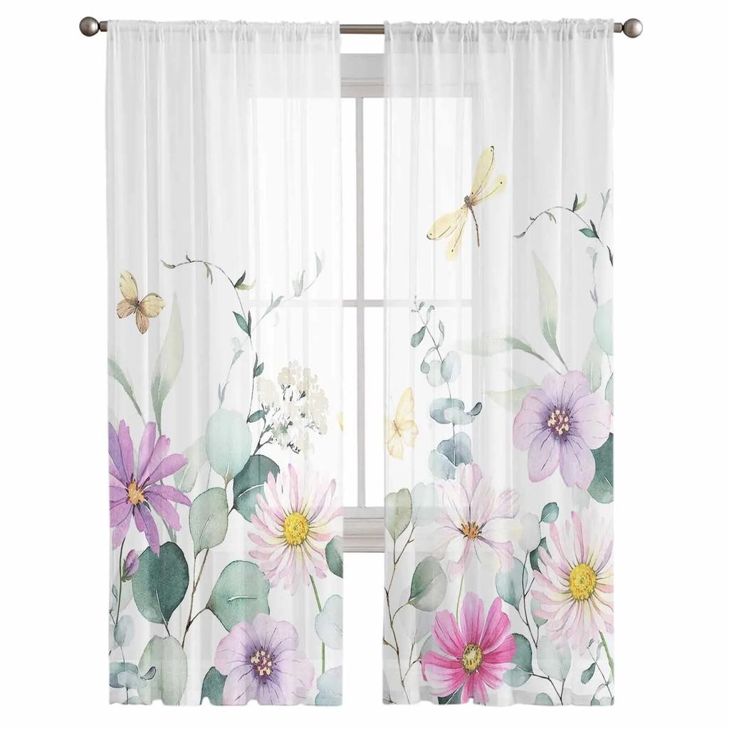 Идиллические прозрачные шторы с эвкалиптом, ромашками и полевыми цветами для гостиной, спальни, тюлевые занавески для кухни, вуаль, шторы, жалюзи, панели