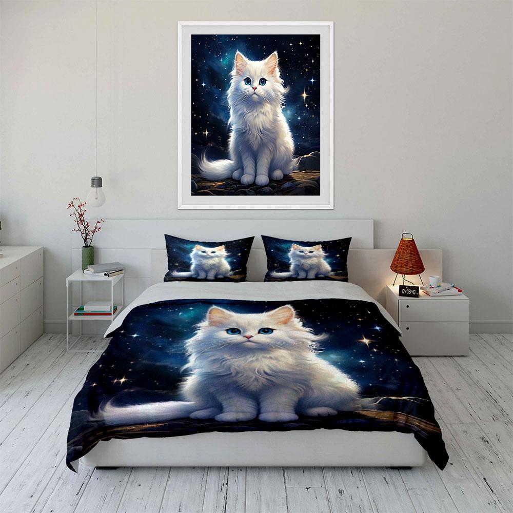 3Pcs White Cat With Starry Backdrop Duvet Cover Set With 3D Printing Design Soft Polyester Bedding Set All-Season Comfort