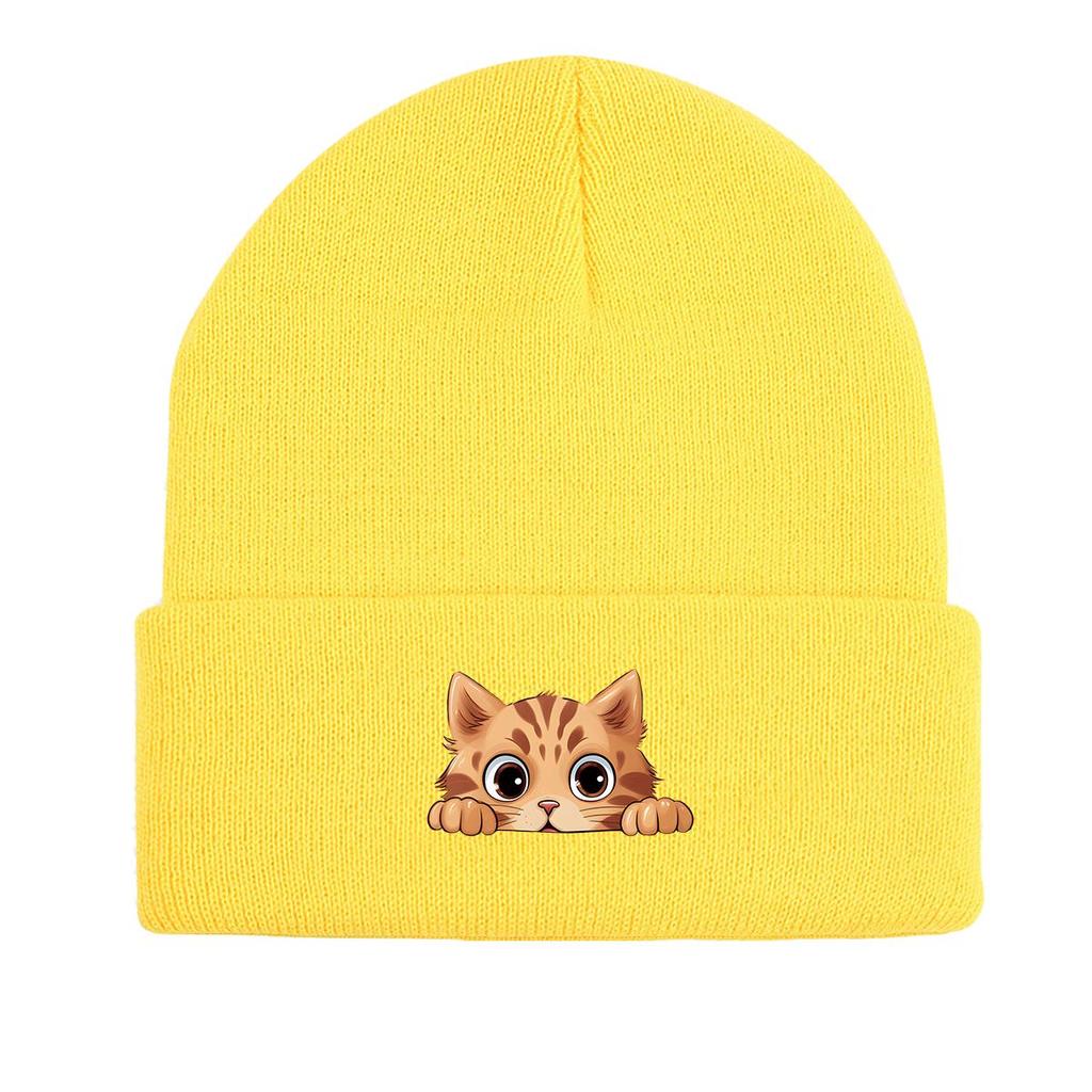 Cartoon Ginger Cat Winter Knit Cap Beanie, Animal Woman Cap Versatile Candy Color Sporting Pompom Beanies Knitted Hat Beanie