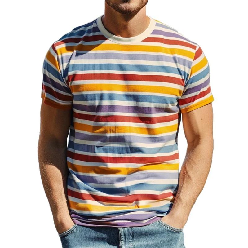 Summer Round Neck Retro Stripe Graphic 3D Print Top Fashionable Casual Short Sleeved Men's T-shirts