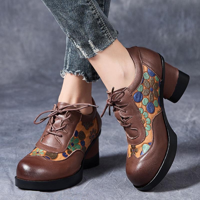 Fashion GKTINOO 2025 Autumn Winter New Retro Printed High Heels Genuine Leather Pumps Mixed Colors Flower Lace-up Women's Shoes