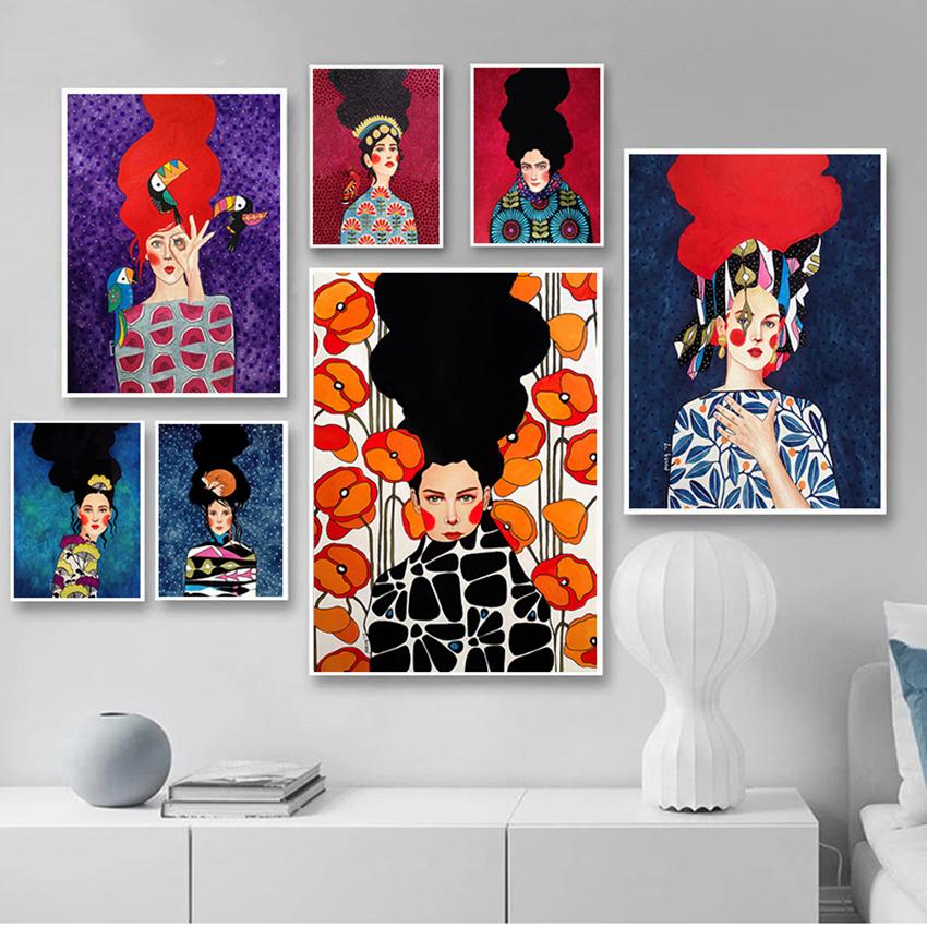 Abstract Girl Hair Flower Bird Posters and Prints Vintage Wall Art Canvas Painting Wall Pictures for Living Room Decor