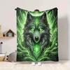 1Pc Green Wolf Spirit Flannel Blanket, Soft And Comfortable, Casual Warm, Camping Travel, Christmas, Halloween Xmas Gift. G1218