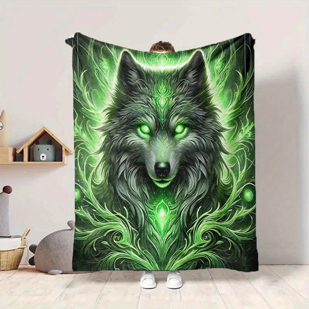 1Pc Green Wolf Spirit Flannel Blanket, Soft And Comfortable, Casual Warm, Camping Travel, Christmas, Halloween Xmas Gift. G1218