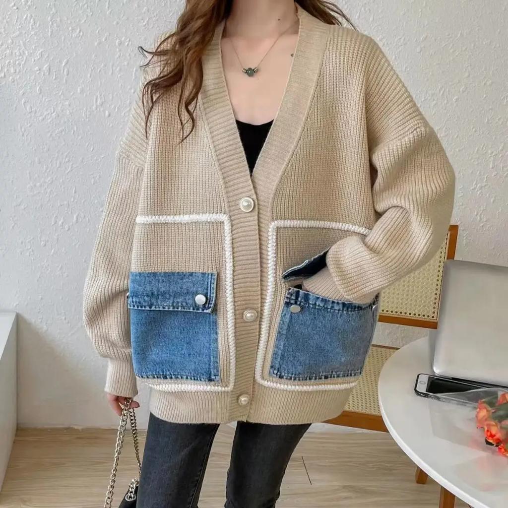 WTEMPO Свободный сплайсированный кардиган женский открытый спереди свитер длинный рукав V-образный вырез трикотажное женское пальто с карманом из денима в стиле пэчворк