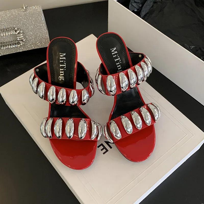 Fashion Luxury Metal Decorative Mules Slippers Women Summer Sexy Open Toe Elegant Thin High Heels Pumps Patent Leather Slide Sandals
