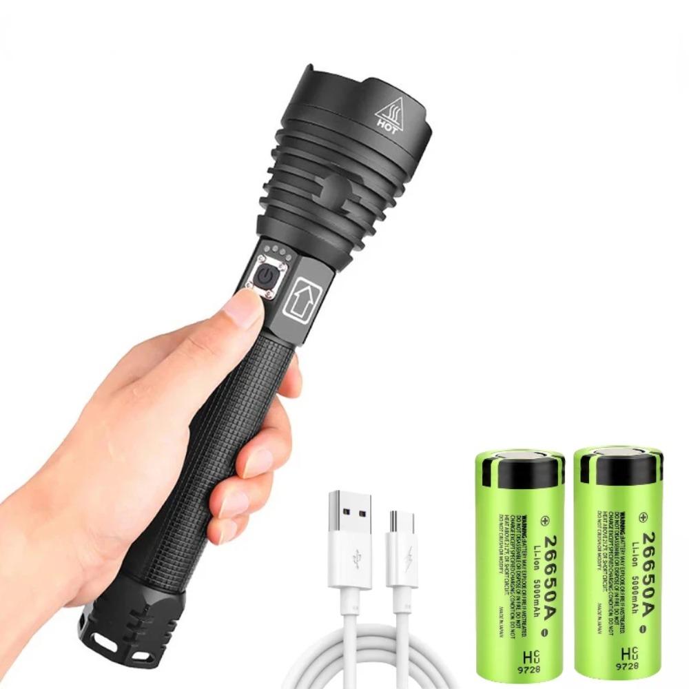 Тактический фонарь XHP90/XHP70 LED, перезаряжаемый через USB, с зумом, 5 режимов, фонарик, использует батарею 26650, водонепроницаемый ручной фонарь