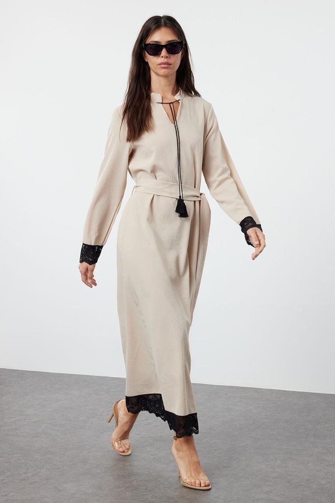 Women's Style Hijab Dress Ecru Sleeve Lace Detailed Woven Dress