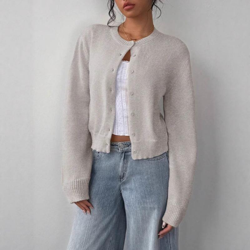 Кардиган свитер с круглым вырезом и длинными рукавами на пуговицах, повседневный простой вязаный женский жакет, однотонные свободные тонкие короткие пальто, осень-зима 2025