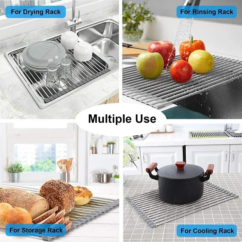 Dish Drainer Foldable Stainless Steel Roll Up Dish Drying Rack Shelf Kitchen Sink Holder Organizer Bowl Tableware Plate Storage