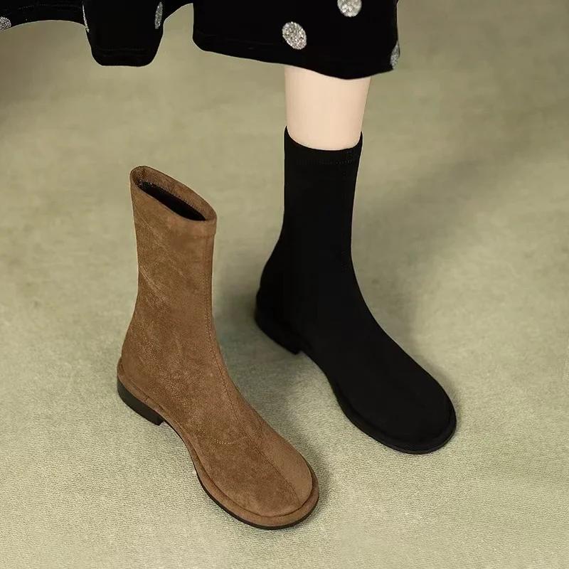 2024 Замшевые женские тонкие ботильоны Модные элегантные женские короткие ботинки на плоской подошве Повседневные женские ботинки в уличном стиле