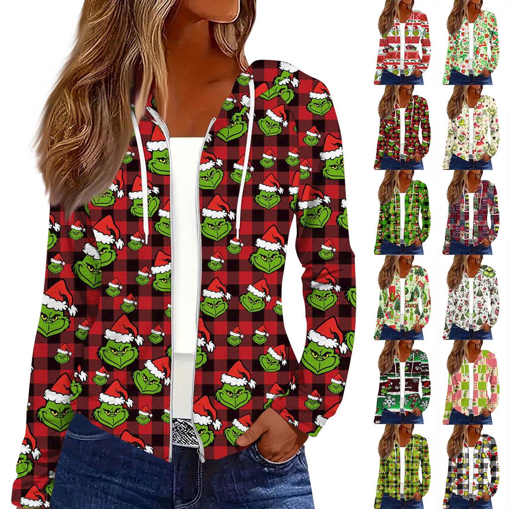 Women's Fashion Christmas Print Casual Zip-Up Long-Sleeved Hooded Jacket