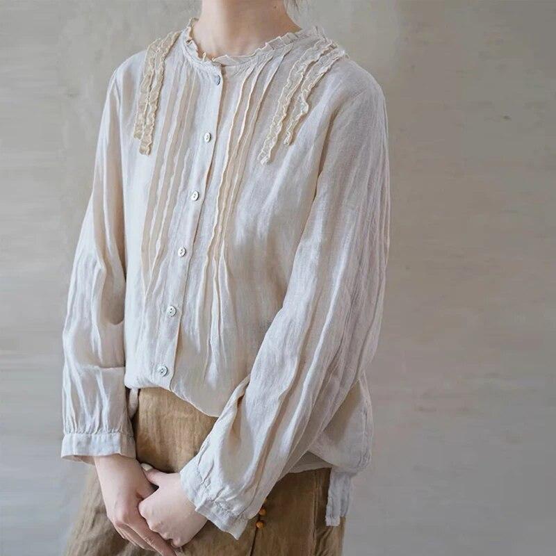 Johnature Crewneck Shirt Loose Top Women Autumn Vintage Ruffles Loose All Match Full Sleeve Female Blouses