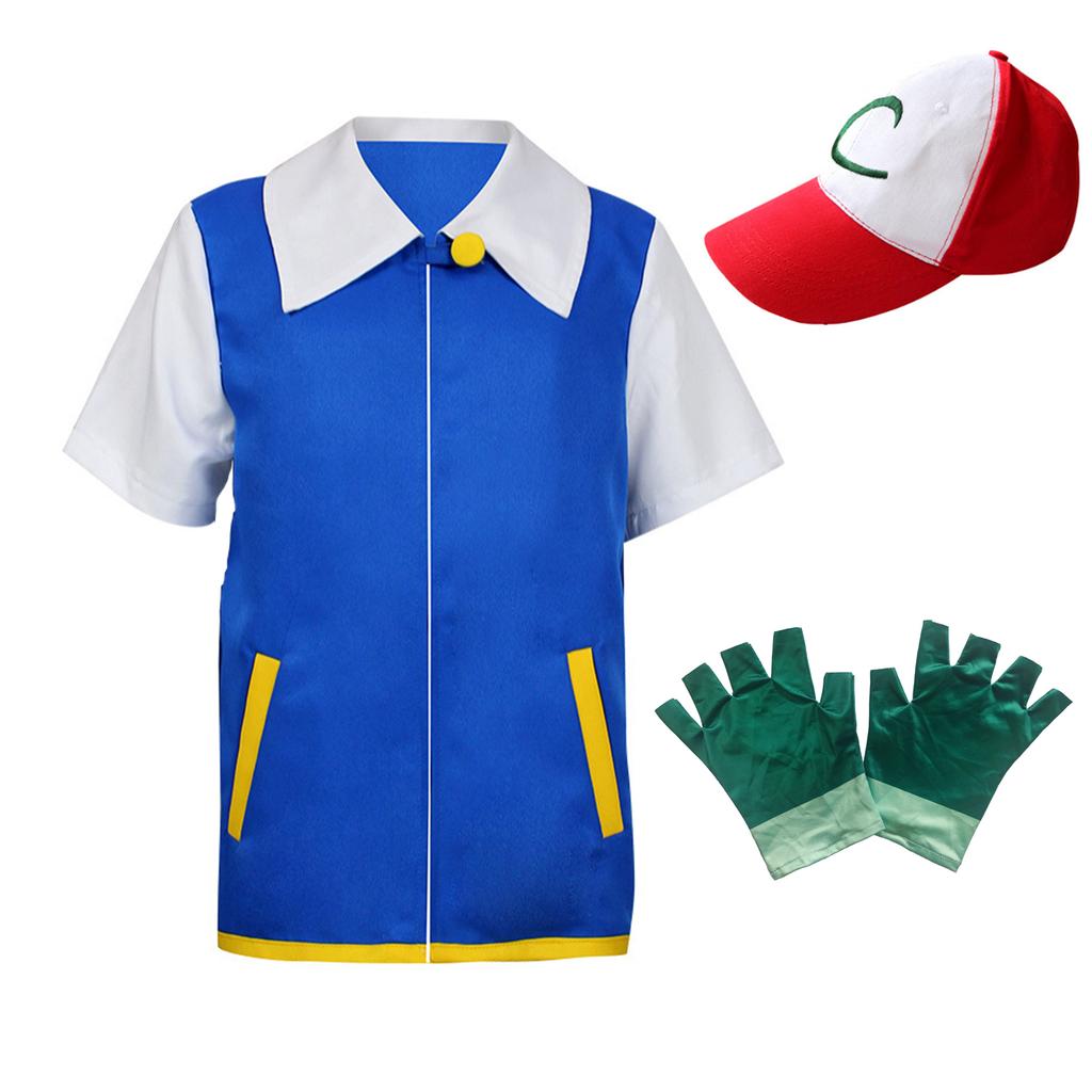 Anime Trainer Costume Ash Ketchum Hoodie Cosplay Jacket Gloves Hat Full Sets Halloween Outfit