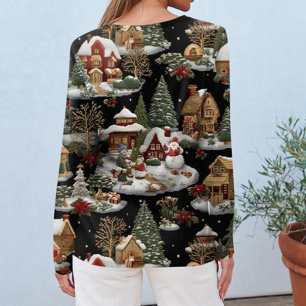 Women's Fashion Casual Long Sleeve  Print Round Neck Top