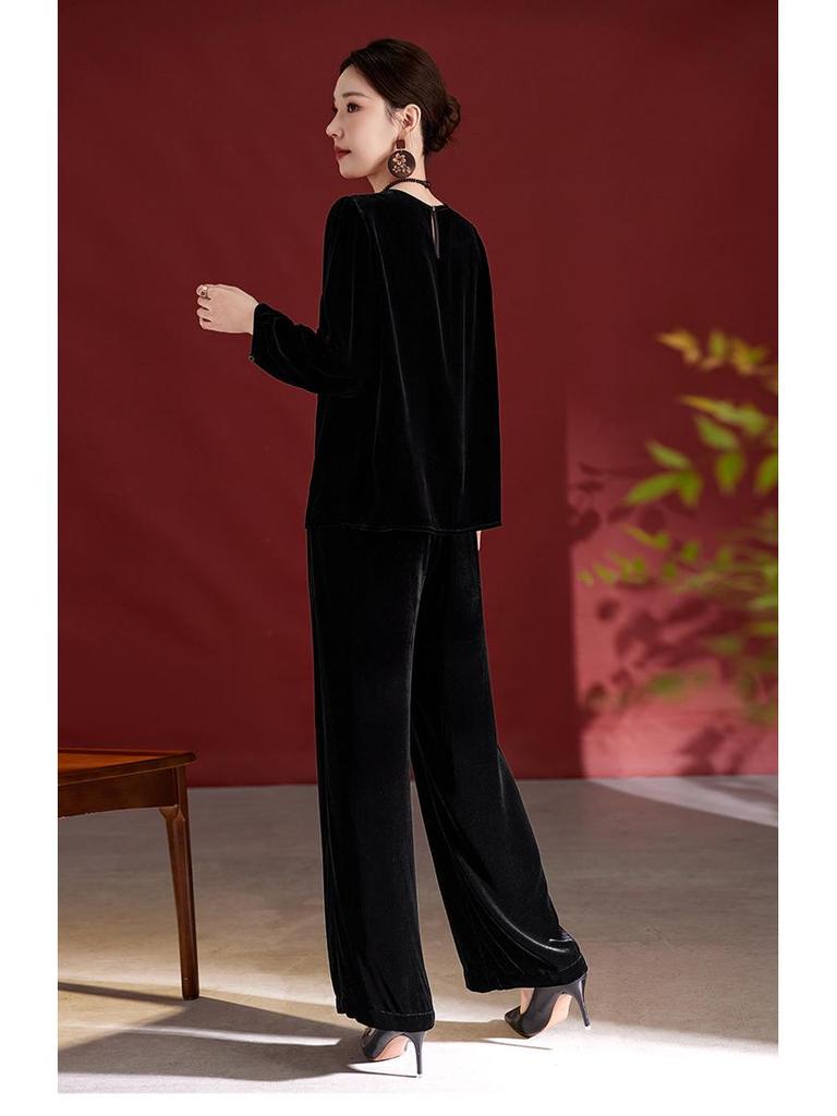 Топ кэжуал с длинным рукавом из жаккардового бархата из шелка тутового шелкопряда класса 6А с принтом тушью - Роскошь для осени/зимы