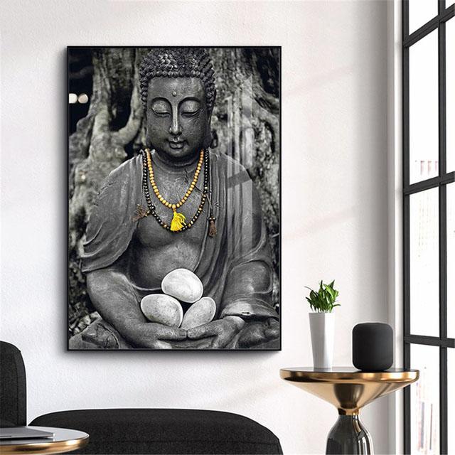 Черная статуя медитирующего Будды, настенная живопись, печать на холсте, картины на холсте, буддийские картины для украшения дома