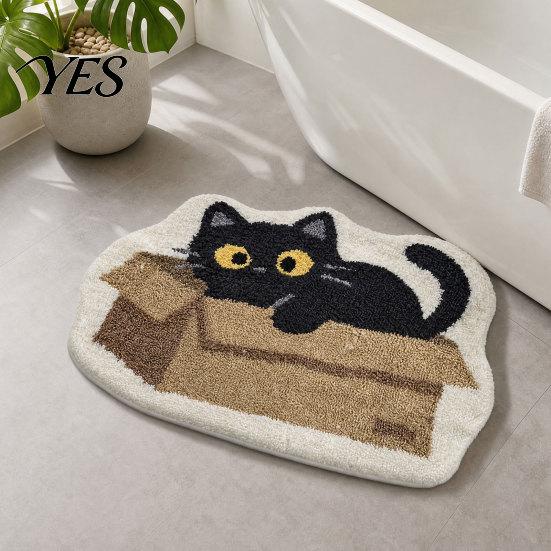 Anti-slip Floor Mat Plush Bathroom Rug, Non-Slip Absorbent Fluffy Mat, Cute Sturdy Black Cat Door for Entrance Bedroom Living Room Wear-resistant