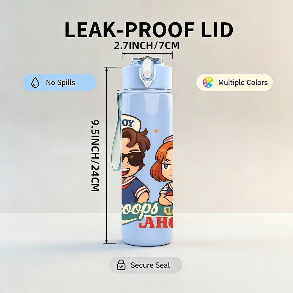 1PC Retro Explorer Couple Cartoon Print 750ml Color Plastic Sports Water Bottle Leakproof Flip Straw Lid Suitable for Sports Office Home Use