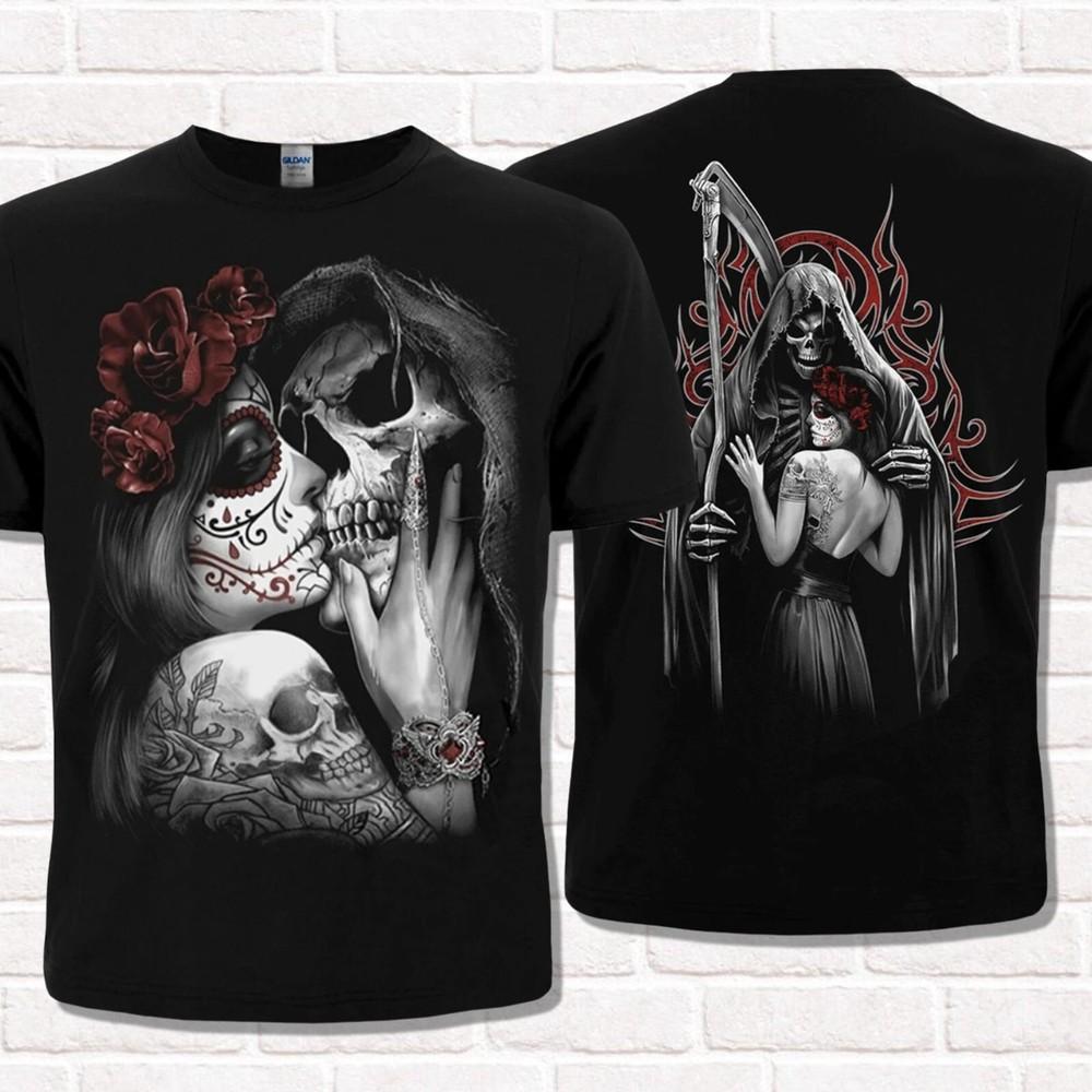 Футболка «Смерть целует Смерть». Святая Смерть. Санта Муэрте. Мексиканский стиль Мрачный Жнец