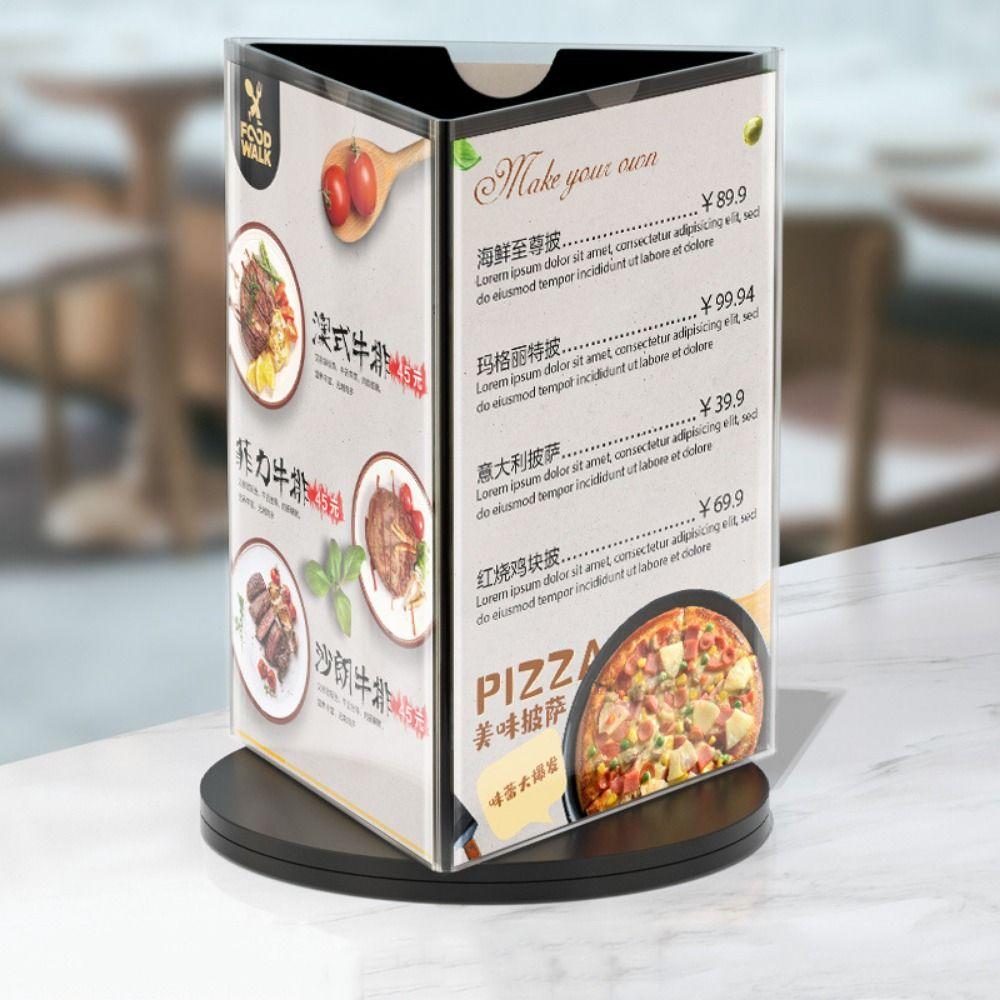 Three Side Menu Sign Holder 360 Degree Rotating Desktop Flyer Frame Restaurant