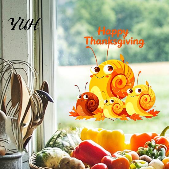 Autumn Party Supplies Cartoon Snail Static Window Sticker for Thanksgiving Harvest Festival, Waterproof PVC Decal Indoor Outdoor Decorations