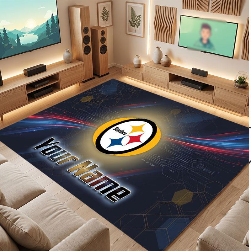 Pittsburgh Steelers Personalized Crystal Velvet Carpet, Customized Name Text Soft Anti‑Slip Rug for Living Room Bedroom