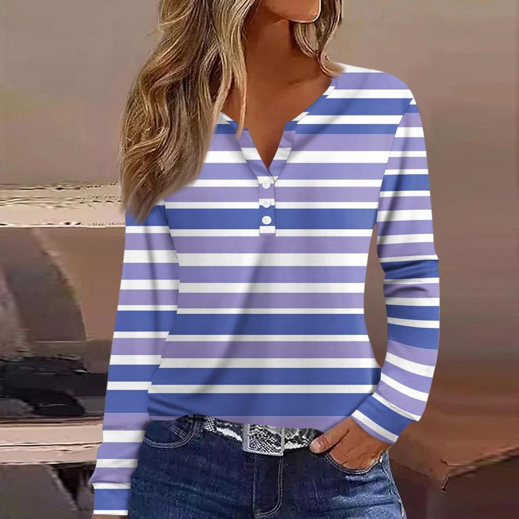 Жен. Футболка Футболка на пуговицах с длинным рукавом Повседневные Выходные Мода Классический Топ с v-образным вырезом Обычный