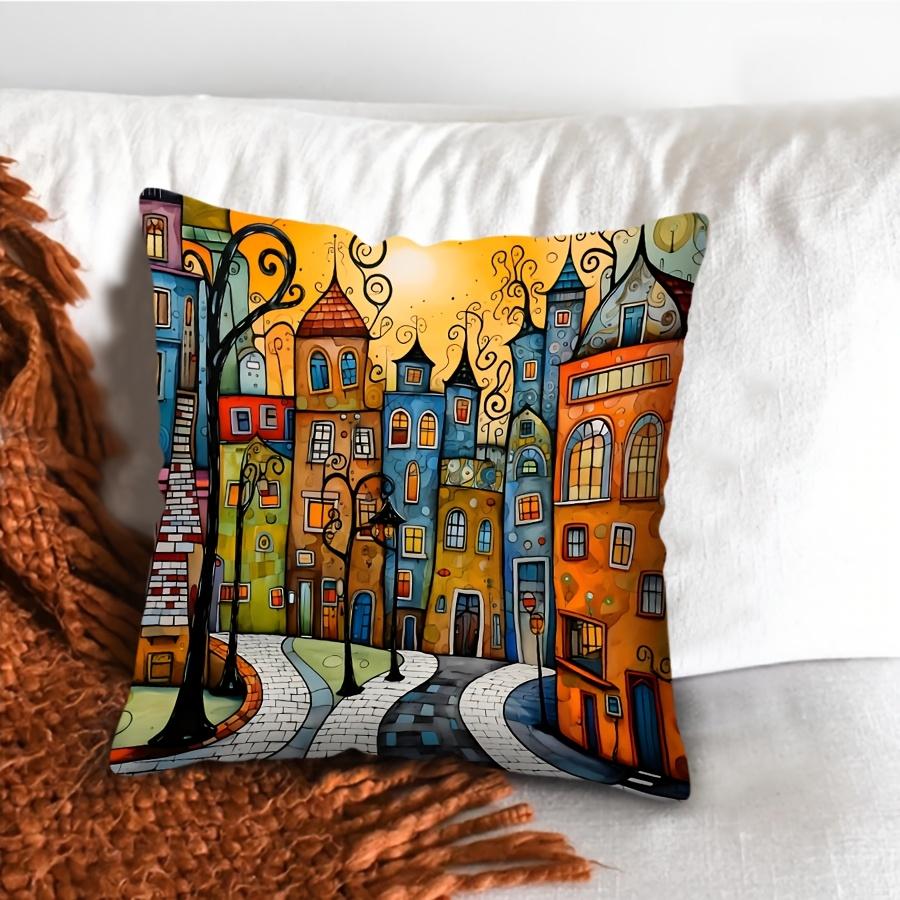 Whimsical Colorful Cityscape Pillow Cover Cartoon Fairy Tale Town Print Cushion Case For Sofa Couch Boho Eclectic Home Decor