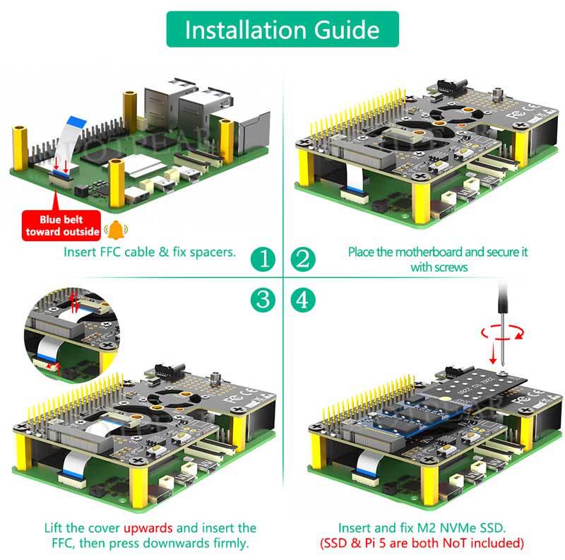 Плата расширения PCIe to M.2 NVMe SSD 2280 для Raspberry Pi 5 с двумя вентиляторами