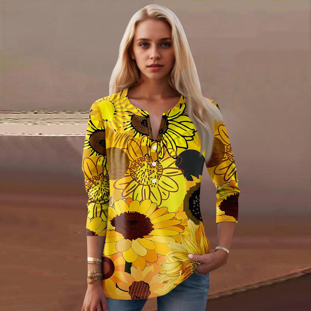 Женская мода повседневный топ с длинным рукавом и круглым вырезом с цветочным принтом