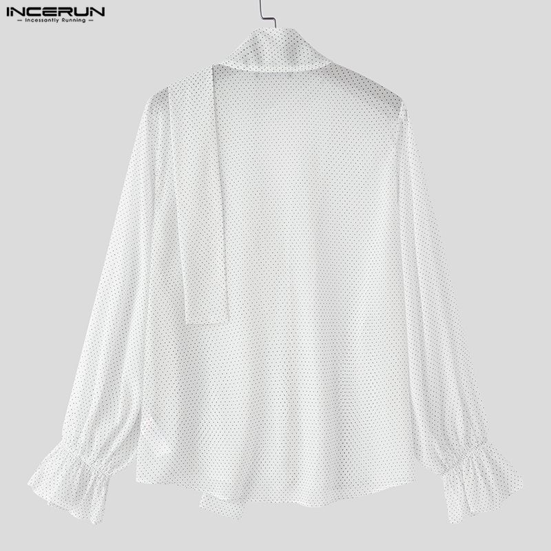 INCERUN Мужские блузки с длинным рукавом, полупрозрачные, в горошек, оверсайз, повседневные