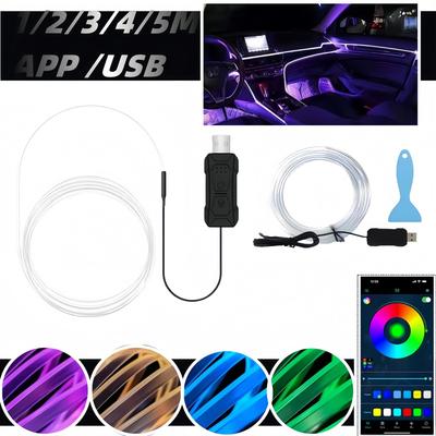 RGB Светодиодная лента для подсветки салона автомобиля 2м 3м 4м 5м USB Оптическое волокно Невидимая лампа атмосферы Управление через приложение Гибкое украшение