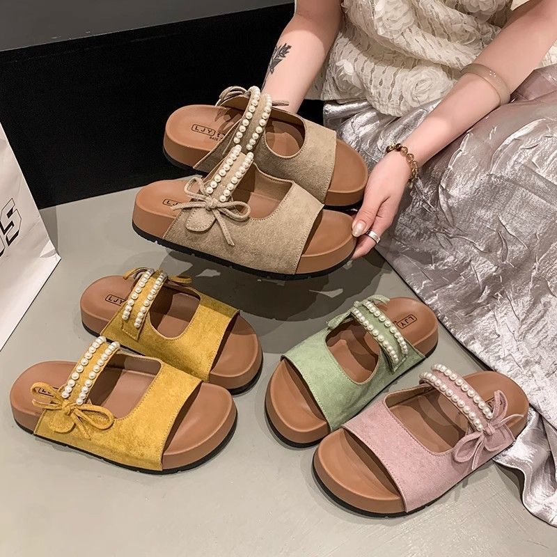 2025 sweet pearl bow flat bottom set toe one-word drag summer new beach wear Birkencool slippers women