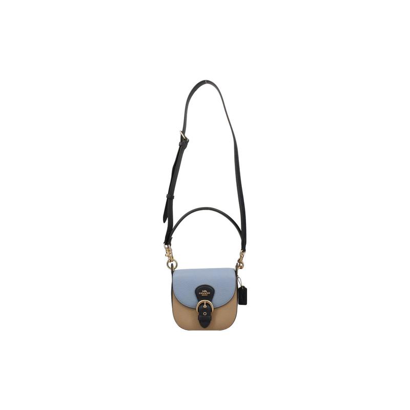 COACH Kleo 17 Saddle Button Color Block Flap Closure Leather Underarm Bag Crossbody Bag Shoulder Bag Small Women's Light Blue and Khaki