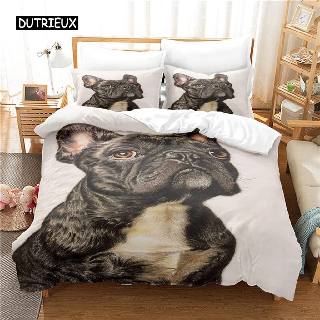 Bulldog Duvet Cover Set Polyester Bulldog Twin Bedding Set Black and White Style Animal Theme Double Queen King Size Quilt Cover