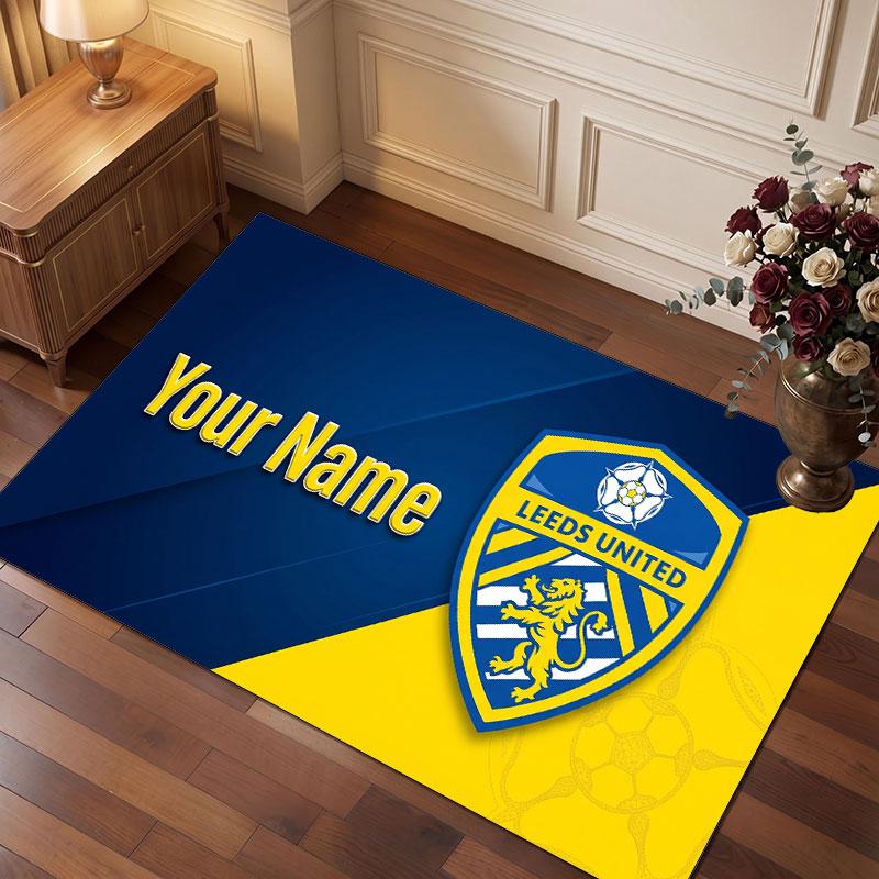 Leeds United Custom Crystal Velvet Rug, Personalized Name Text Print, Football Logo Soft Non‑Slip Floor Mat Home Decor Gift