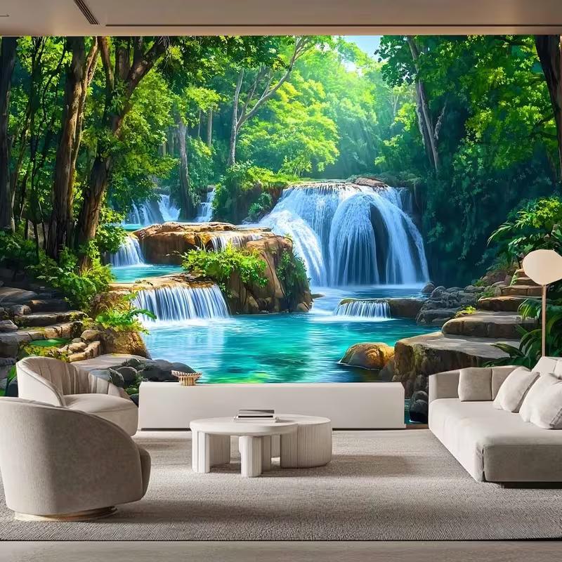 2D Бирюзовый Водопад для Бассейна Фон Пышный Тропический Лес Ткань для Фотофона