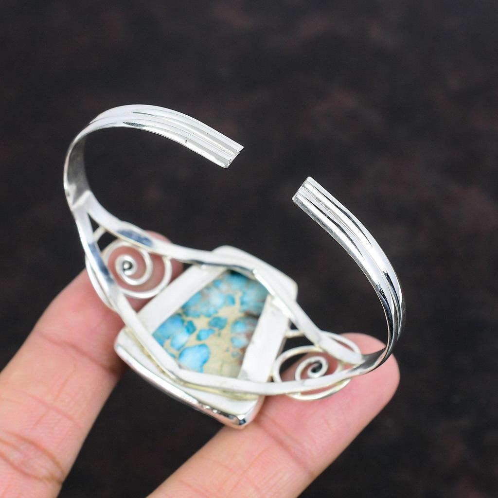 Blue Sea Sediment Jasper Bangle 925 Sterling Silver Cuff Bracelet Adjustable Bangle Handmade Gemstone Bracelet Gifts For Her Antique Jewelry