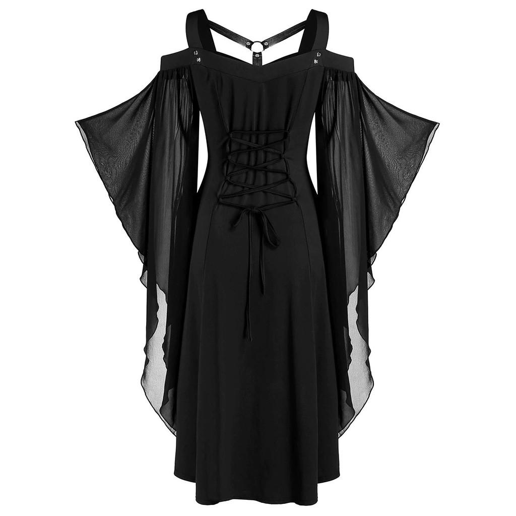Women Plus Size Cool Solid Gothic Lace Insert Butterfly Sleeve Dress
