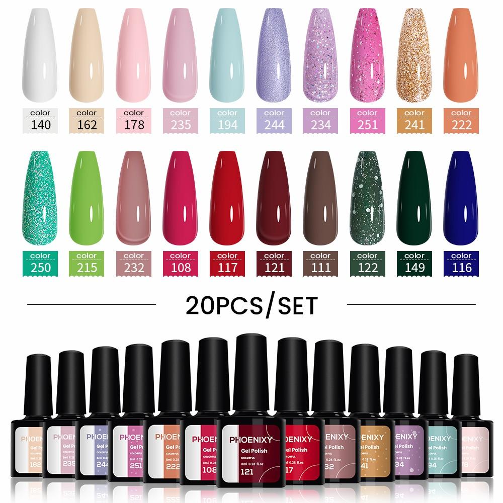 PHOENIXY, 20 шт., набор гель-лаков для ногтей, набор геля для замачивания с чистым цветом для дизайна ногтей, стартовый набор для начинающих, сделай сам, дома