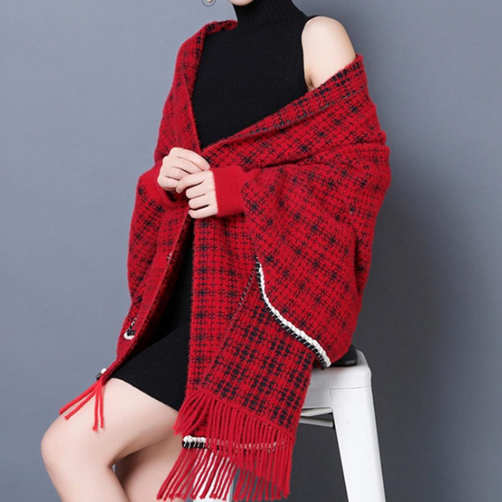 Кашемировый женский твидовый кардиган с карманами, плащ, шаль, накидка