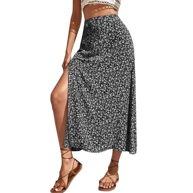 Summer Floral Half-body Skirt,Split A-line Package Hip Long Skirt