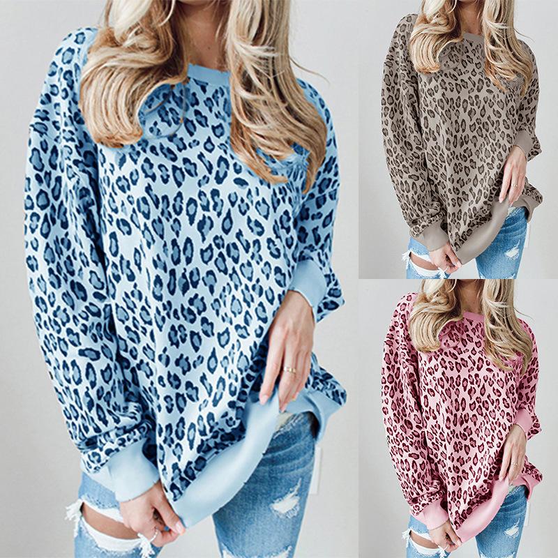 Осенне-зимние толстовки с принтом, свободные леопардовые принты, круглый вырез, длинные рукава, пуловеры для женщин