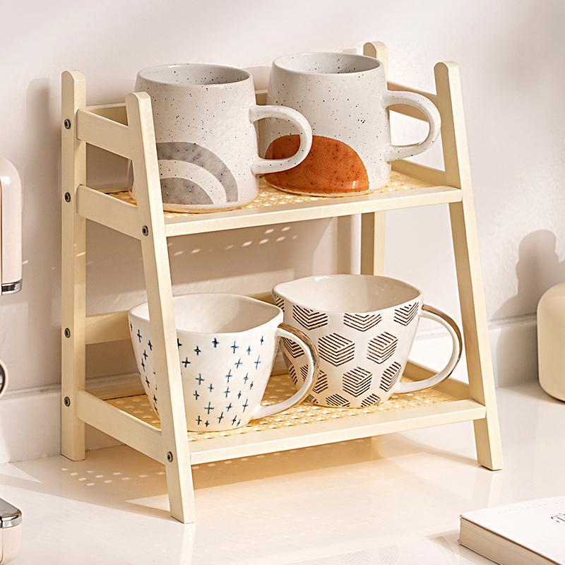 1Pc Cup Holder Work Storage Rack Bedroom Display Rack Kitchen Vine Weaving 2-layer Storage Rack