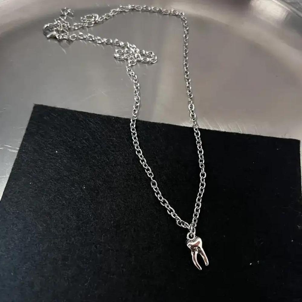 Gothic Charm Heart Teeth Pendant Silver Color Punk Necklace Sweet Cool Y2K Necklace Women Men