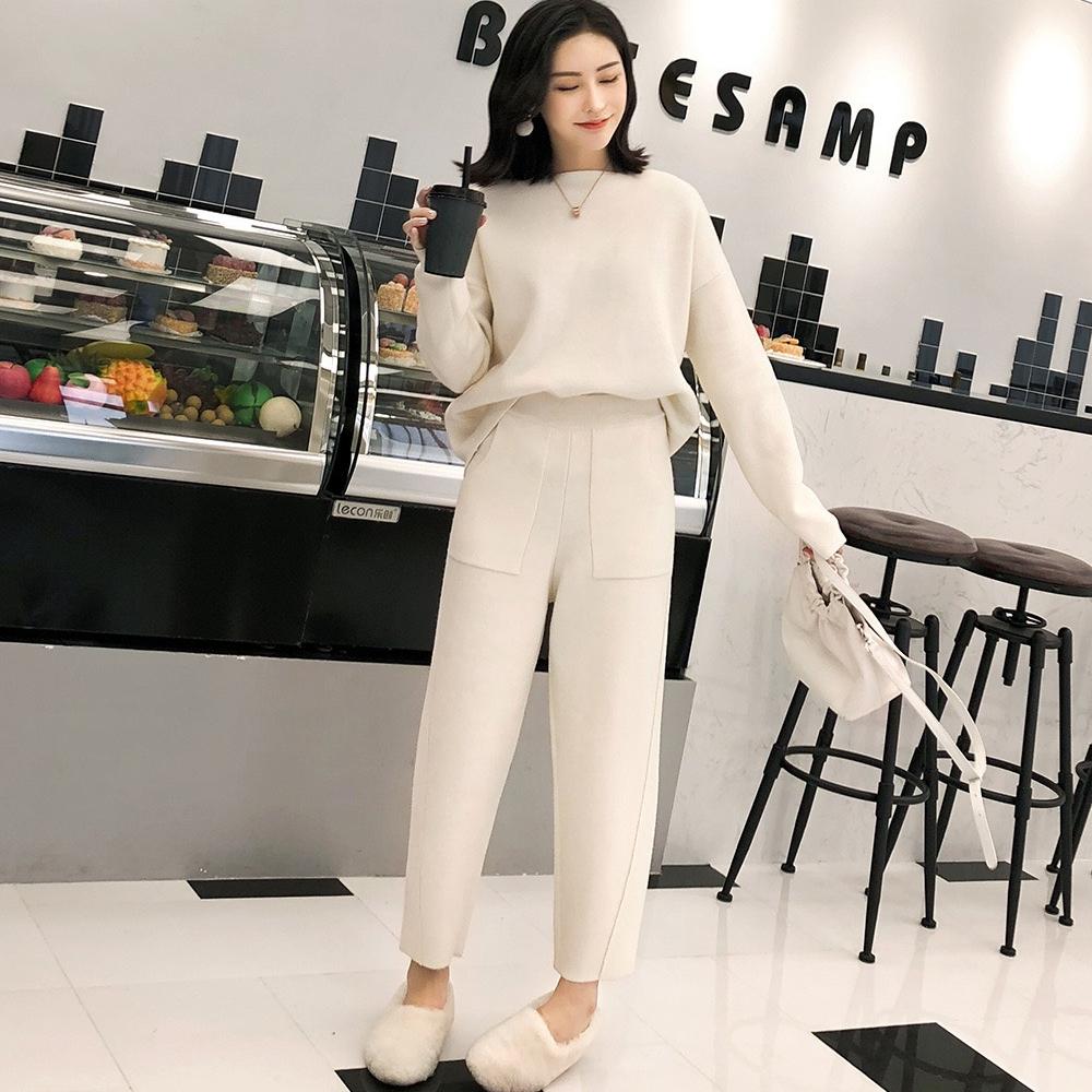 Женский вязаный свитер из двух предметов, зимний спортивный костюм, весенне-осенний модный ШИКАРНЫЙ кофта, верхняя одежда, брючный костюм, женский