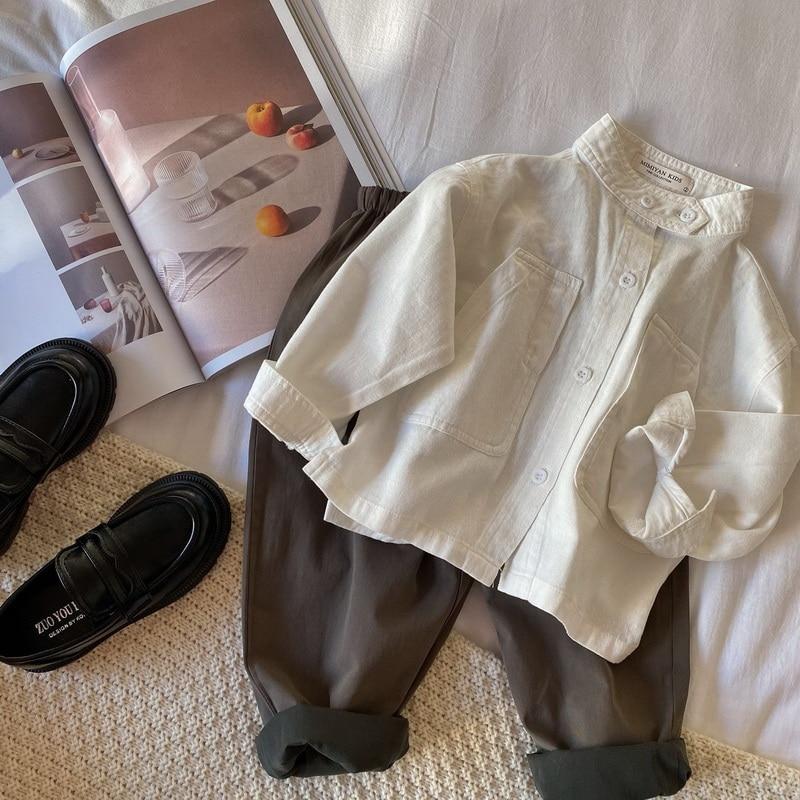 Детская рубашка в корейском стиле с воротником-стойкой, хлопковая рубашка с длинными рукавами, пальто для мальчиков и девочек, топы, детская одежда 1-7 лет