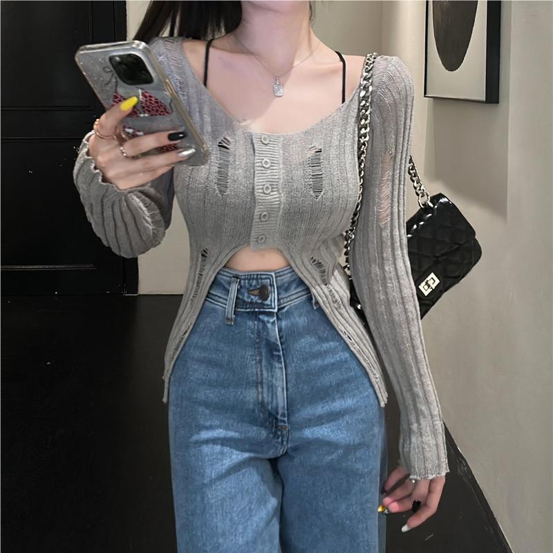 Sheer Knit Sweater With Hollow Out Pattern For Autumn Casual Wear